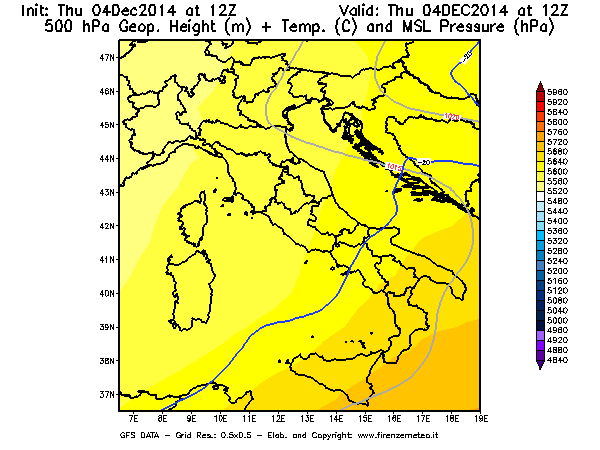 Mappa di analisi GFS - Geopotenziale [m] + Temp. [°C] a 500 hPa + Press. a livello del mare [hPa] in Italia
									del 04/12/2014 12 <!--googleoff: index-->UTC<!--googleon: index-->