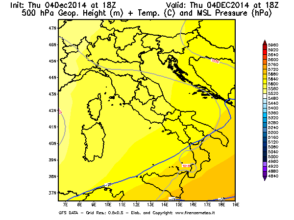 Mappa di analisi GFS - Geopotenziale [m] + Temp. [°C] a 500 hPa + Press. a livello del mare [hPa] in Italia
									del 04/12/2014 18 <!--googleoff: index-->UTC<!--googleon: index-->