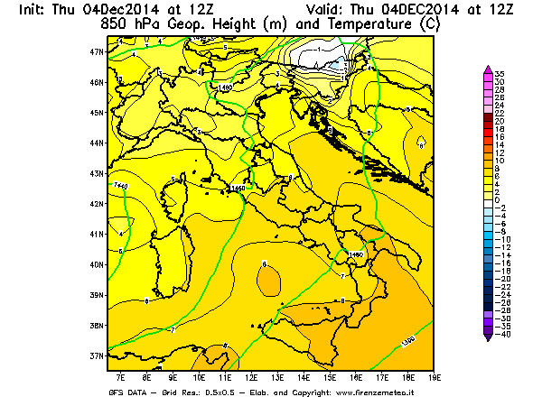 Mappa di analisi GFS - Geopotenziale [m] e Temperatura [°C] a 850 hPa in Italia
									del 04/12/2014 12 <!--googleoff: index-->UTC<!--googleon: index-->