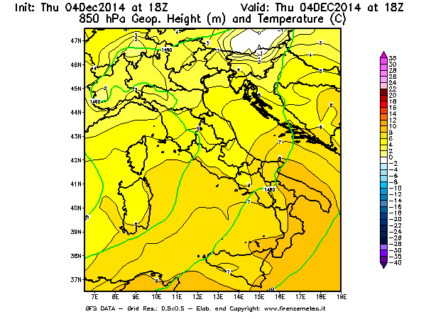 Mappa di analisi GFS - Geopotenziale [m] e Temperatura [°C] a 850 hPa in Italia
									del 04/12/2014 18 <!--googleoff: index-->UTC<!--googleon: index-->
