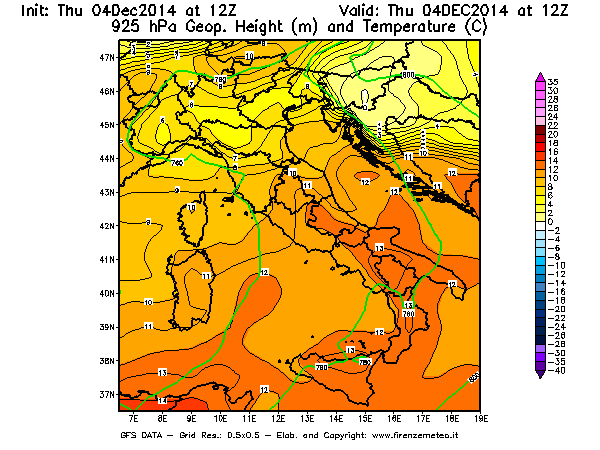 Mappa di analisi GFS - Geopotenziale [m] e Temperatura [°C] a 925 hPa in Italia
									del 04/12/2014 12 <!--googleoff: index-->UTC<!--googleon: index-->