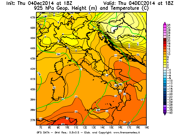 Mappa di analisi GFS - Geopotenziale [m] e Temperatura [°C] a 925 hPa in Italia
									del 04/12/2014 18 <!--googleoff: index-->UTC<!--googleon: index-->