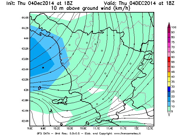 Mappa di analisi GFS - Velocità del vento a 10 metri dal suolo [km/h] in Toscana
									del 04/12/2014 18 <!--googleoff: index-->UTC<!--googleon: index-->