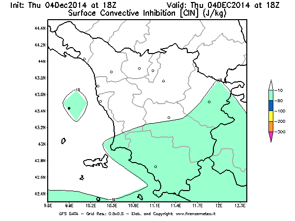 Mappa di analisi GFS - CIN [J/kg] in Toscana
									del 04/12/2014 18 <!--googleoff: index-->UTC<!--googleon: index-->