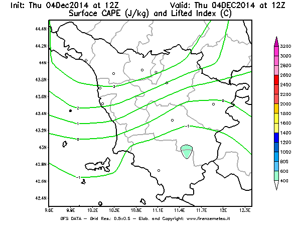 Mappa di analisi GFS - CAPE [J/kg] e Lifted Index [°C] in Toscana
									del 04/12/2014 12 <!--googleoff: index-->UTC<!--googleon: index-->