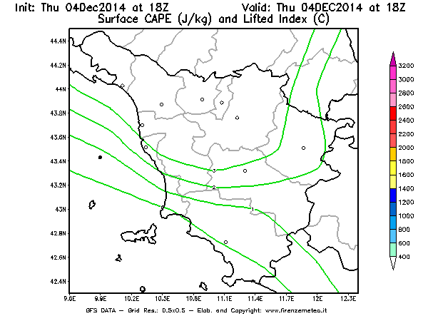 Mappa di analisi GFS - CAPE [J/kg] e Lifted Index [°C] in Toscana
									del 04/12/2014 18 <!--googleoff: index-->UTC<!--googleon: index-->