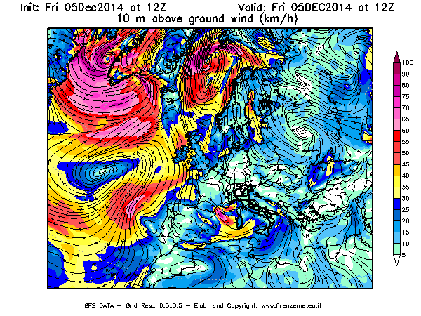 Mappa di analisi GFS - Velocità del vento a 10 metri dal suolo [km/h] in Europa
							del 05/12/2014 12 <!--googleoff: index-->UTC<!--googleon: index-->