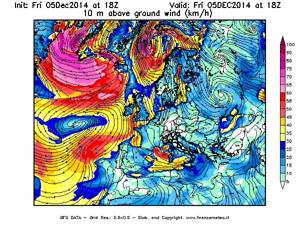Mappa di analisi GFS - Velocità del vento a 10 metri dal suolo [km/h] in Europa
							del 05/12/2014 18 <!--googleoff: index-->UTC<!--googleon: index-->