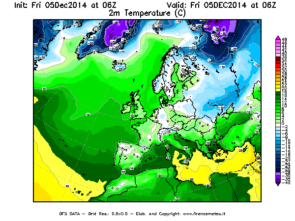 Mappa di analisi GFS - Temperatura a 2 metri dal suolo [°C] in Europa
							del 05/12/2014 06 <!--googleoff: index-->UTC<!--googleon: index-->