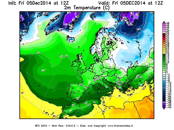 Mappa di analisi GFS - Temperatura a 2 metri dal suolo [°C] in Europa
							del 05/12/2014 12 <!--googleoff: index-->UTC<!--googleon: index-->