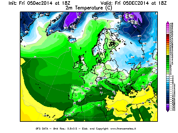 Mappa di analisi GFS - Temperatura a 2 metri dal suolo [°C] in Europa
							del 05/12/2014 18 <!--googleoff: index-->UTC<!--googleon: index-->