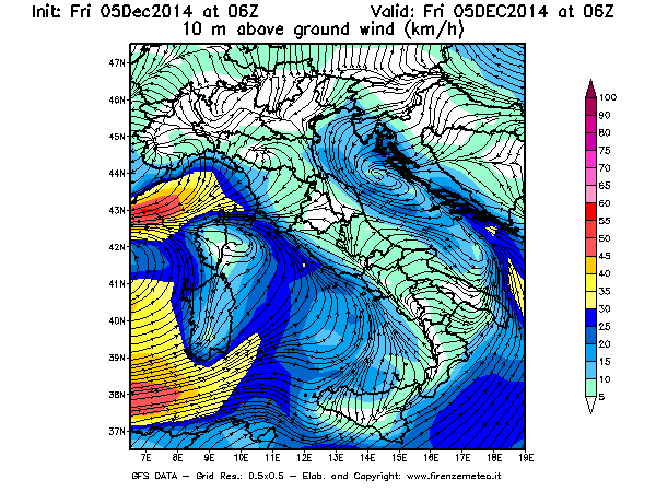Mappa di analisi GFS - Velocità del vento a 10 metri dal suolo [km/h] in Italia
							del 05/12/2014 06 <!--googleoff: index-->UTC<!--googleon: index-->