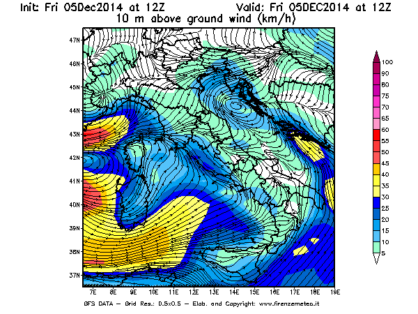 Mappa di analisi GFS - Velocità del vento a 10 metri dal suolo [km/h] in Italia
							del 05/12/2014 12 <!--googleoff: index-->UTC<!--googleon: index-->