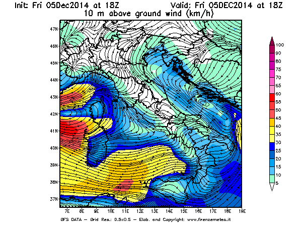 Mappa di analisi GFS - Velocità del vento a 10 metri dal suolo [km/h] in Italia
							del 05/12/2014 18 <!--googleoff: index-->UTC<!--googleon: index-->