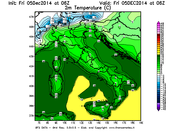 Mappa di analisi GFS - Temperatura a 2 metri dal suolo [°C] in Italia
							del 05/12/2014 06 <!--googleoff: index-->UTC<!--googleon: index-->