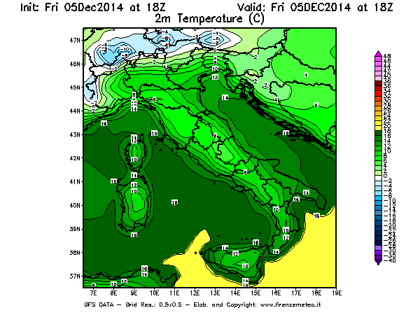 Mappa di analisi GFS - Temperatura a 2 metri dal suolo [°C] in Italia
							del 05/12/2014 18 <!--googleoff: index-->UTC<!--googleon: index-->