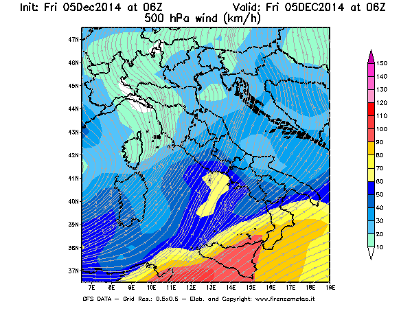 Mappa di analisi GFS - Velocità del vento a 500 hPa [km/h] in Italia
							del 05/12/2014 06 <!--googleoff: index-->UTC<!--googleon: index-->