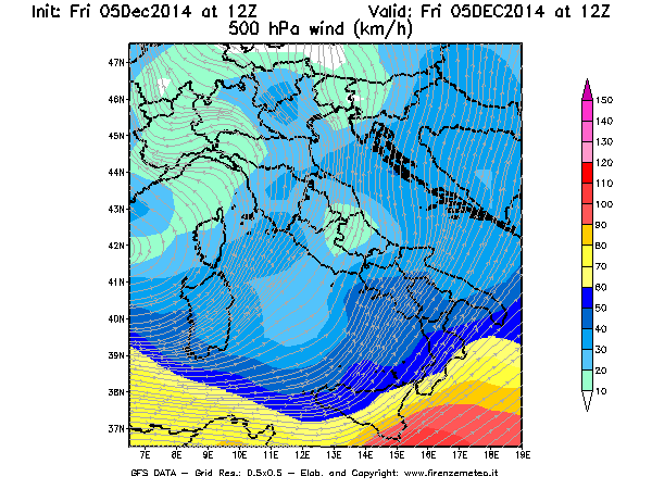 Mappa di analisi GFS - Velocità del vento a 500 hPa [km/h] in Italia
							del 05/12/2014 12 <!--googleoff: index-->UTC<!--googleon: index-->