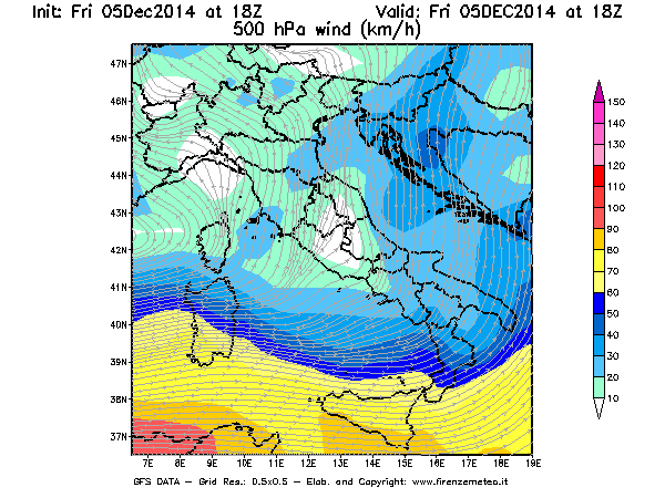 Mappa di analisi GFS - Velocità del vento a 500 hPa [km/h] in Italia
							del 05/12/2014 18 <!--googleoff: index-->UTC<!--googleon: index-->