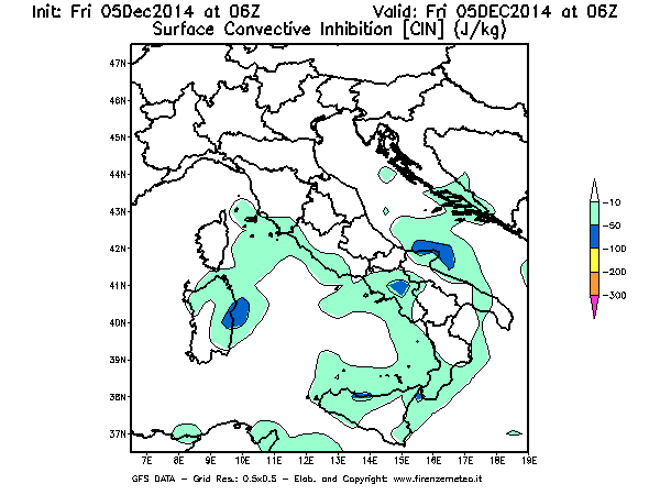 Mappa di analisi GFS - CIN [J/kg] in Italia
							del 05/12/2014 06 <!--googleoff: index-->UTC<!--googleon: index-->
