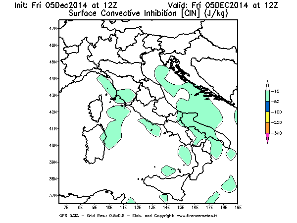 Mappa di analisi GFS - CIN [J/kg] in Italia
							del 05/12/2014 12 <!--googleoff: index-->UTC<!--googleon: index-->