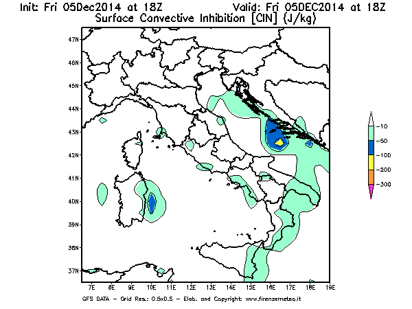 Mappa di analisi GFS - CIN [J/kg] in Italia
							del 05/12/2014 18 <!--googleoff: index-->UTC<!--googleon: index-->