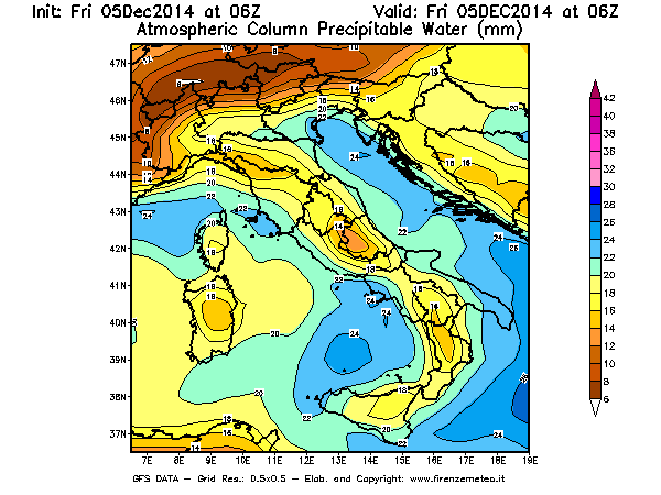 Mappa di analisi GFS - Precipitable Water [mm] in Italia
							del 05/12/2014 06 <!--googleoff: index-->UTC<!--googleon: index-->