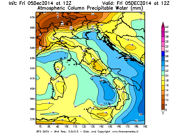 Mappa di analisi GFS - Precipitable Water [mm] in Italia
							del 05/12/2014 12 <!--googleoff: index-->UTC<!--googleon: index-->