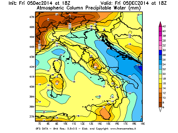 Mappa di analisi GFS - Precipitable Water [mm] in Italia
							del 05/12/2014 18 <!--googleoff: index-->UTC<!--googleon: index-->