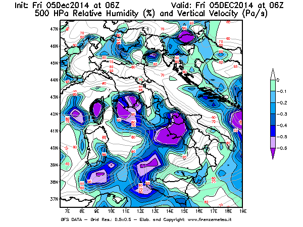 Mappa di analisi GFS - Umidità relativa [%] e Omega [Pa/s] a 500 hPa in Italia
							del 05/12/2014 06 <!--googleoff: index-->UTC<!--googleon: index-->