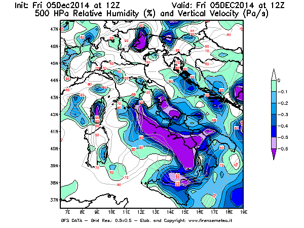 Mappa di analisi GFS - Umidità relativa [%] e Omega [Pa/s] a 500 hPa in Italia
							del 05/12/2014 12 <!--googleoff: index-->UTC<!--googleon: index-->