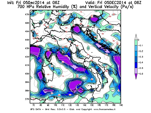 Mappa di analisi GFS - Umidità relativa [%] e Omega [Pa/s] a 700 hPa in Italia
							del 05/12/2014 06 <!--googleoff: index-->UTC<!--googleon: index-->