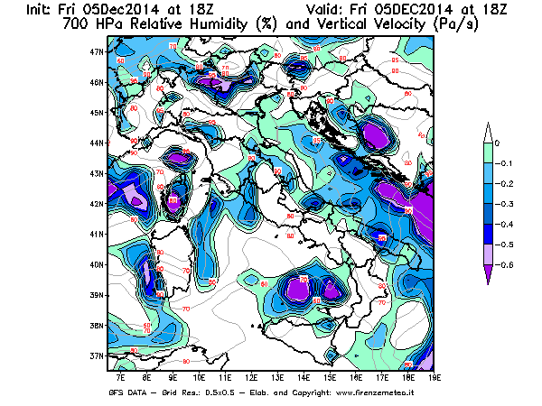 Mappa di analisi GFS - Umidità relativa [%] e Omega [Pa/s] a 700 hPa in Italia
							del 05/12/2014 18 <!--googleoff: index-->UTC<!--googleon: index-->