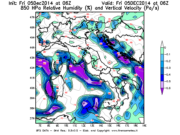 Mappa di analisi GFS - Umidità relativa [%] e Omega [Pa/s] a 850 hPa in Italia
							del 05/12/2014 06 <!--googleoff: index-->UTC<!--googleon: index-->
