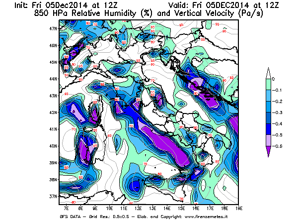Mappa di analisi GFS - Umidità relativa [%] e Omega [Pa/s] a 850 hPa in Italia
							del 05/12/2014 12 <!--googleoff: index-->UTC<!--googleon: index-->