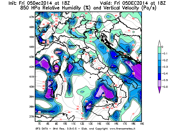 Mappa di analisi GFS - Umidità relativa [%] e Omega [Pa/s] a 850 hPa in Italia
							del 05/12/2014 18 <!--googleoff: index-->UTC<!--googleon: index-->
