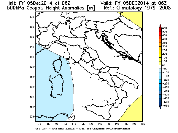 Mappa di analisi GFS - Anomalia di Geopotenziale a 500 hPa in Italia
							del 05/12/2014 06 <!--googleoff: index-->UTC<!--googleon: index-->
