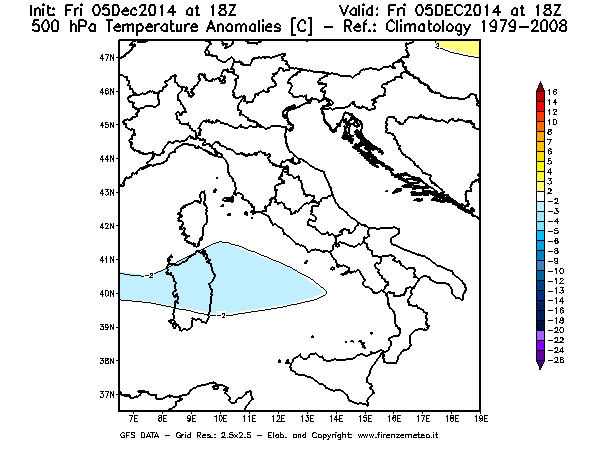 Mappa di analisi GFS - Anomalia Temperatura [°C] a 500 hPa in Italia
							del 05/12/2014 18 <!--googleoff: index-->UTC<!--googleon: index-->