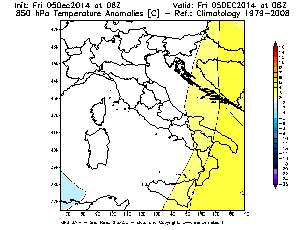 Mappa di analisi GFS - Anomalia Temperatura [°C] a 850 hPa in Italia
							del 05/12/2014 06 <!--googleoff: index-->UTC<!--googleon: index-->