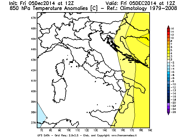 Mappa di analisi GFS - Anomalia Temperatura [°C] a 850 hPa in Italia
							del 05/12/2014 12 <!--googleoff: index-->UTC<!--googleon: index-->