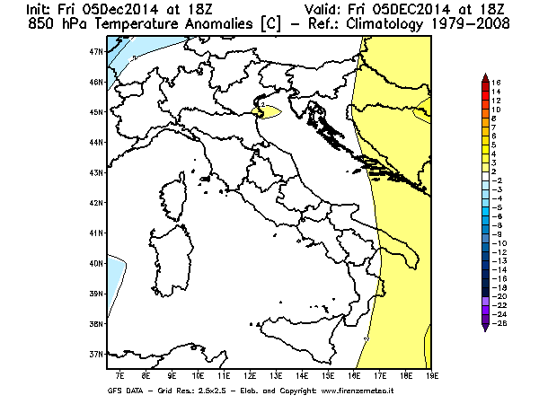 Mappa di analisi GFS - Anomalia Temperatura [°C] a 850 hPa in Italia
							del 05/12/2014 18 <!--googleoff: index-->UTC<!--googleon: index-->