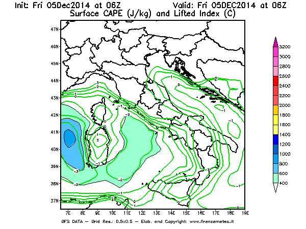 Mappa di analisi GFS - CAPE [J/kg] e Lifted Index [°C] in Italia
							del 05/12/2014 06 <!--googleoff: index-->UTC<!--googleon: index-->