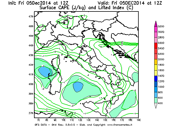 Mappa di analisi GFS - CAPE [J/kg] e Lifted Index [°C] in Italia
							del 05/12/2014 12 <!--googleoff: index-->UTC<!--googleon: index-->