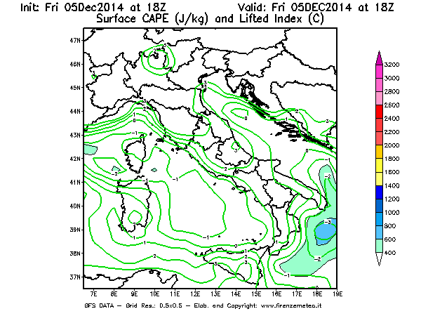 Mappa di analisi GFS - CAPE [J/kg] e Lifted Index [°C] in Italia
							del 05/12/2014 18 <!--googleoff: index-->UTC<!--googleon: index-->