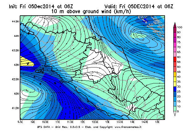 Mappa di analisi GFS - Velocità del vento a 10 metri dal suolo [km/h] in Centro-Italia
							del 05/12/2014 06 <!--googleoff: index-->UTC<!--googleon: index-->