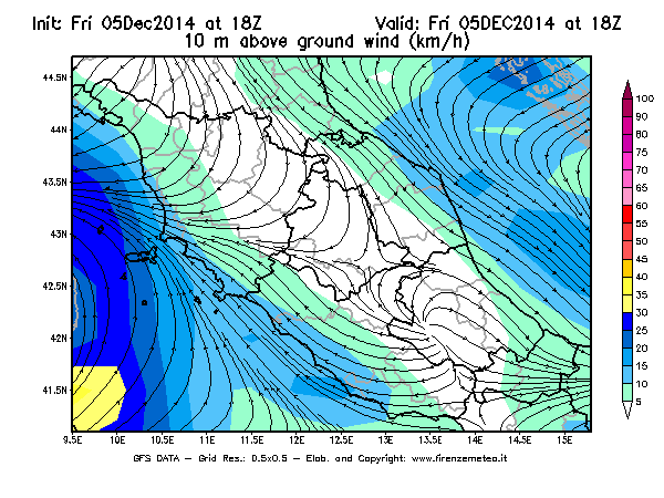 Mappa di analisi GFS - Velocità del vento a 10 metri dal suolo [km/h] in Centro-Italia
							del 05/12/2014 18 <!--googleoff: index-->UTC<!--googleon: index-->