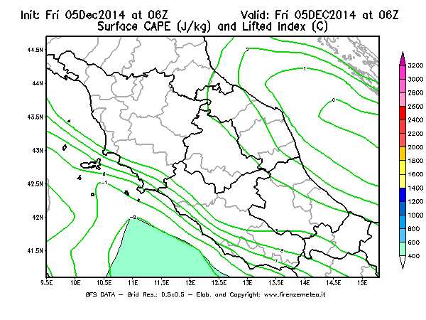 Mappa di analisi GFS - CAPE [J/kg] e Lifted Index [°C] in Centro-Italia
							del 05/12/2014 06 <!--googleoff: index-->UTC<!--googleon: index-->