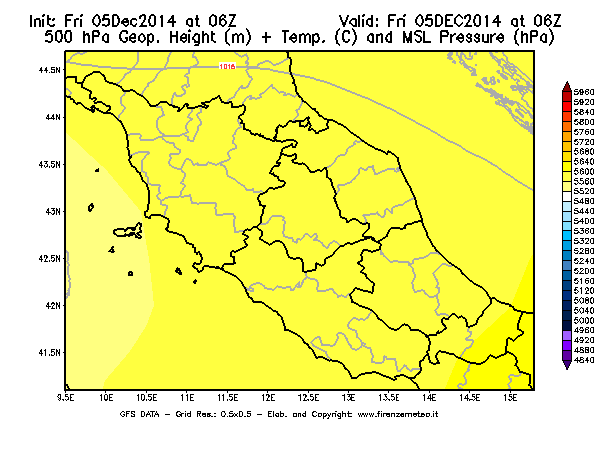 Mappa di analisi GFS - Geopotenziale [m] + Temp. [°C] a 500 hPa + Press. a livello del mare [hPa] in Centro-Italia
							del 05/12/2014 06 <!--googleoff: index-->UTC<!--googleon: index-->
