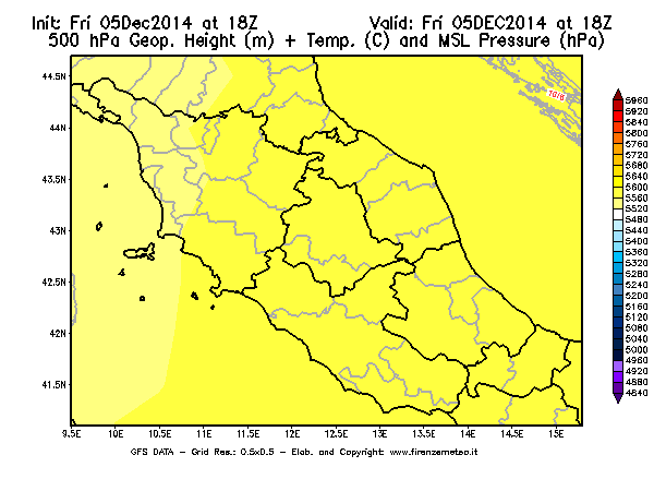 Mappa di analisi GFS - Geopotenziale [m] + Temp. [°C] a 500 hPa + Press. a livello del mare [hPa] in Centro-Italia
							del 05/12/2014 18 <!--googleoff: index-->UTC<!--googleon: index-->