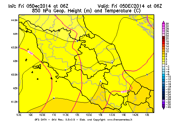 Mappa di analisi GFS - Geopotenziale [m] e Temperatura [°C] a 850 hPa in Centro-Italia
							del 05/12/2014 06 <!--googleoff: index-->UTC<!--googleon: index-->